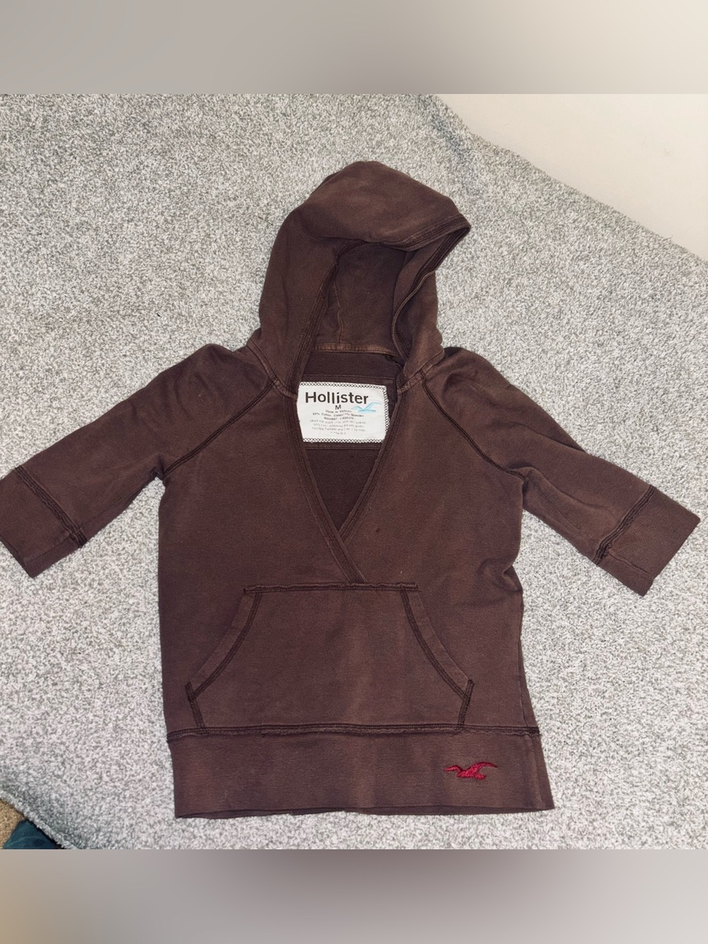 Vintage Y2K Hollister Brown Grunge V-Neck Hooded Sweatshirt • Medium